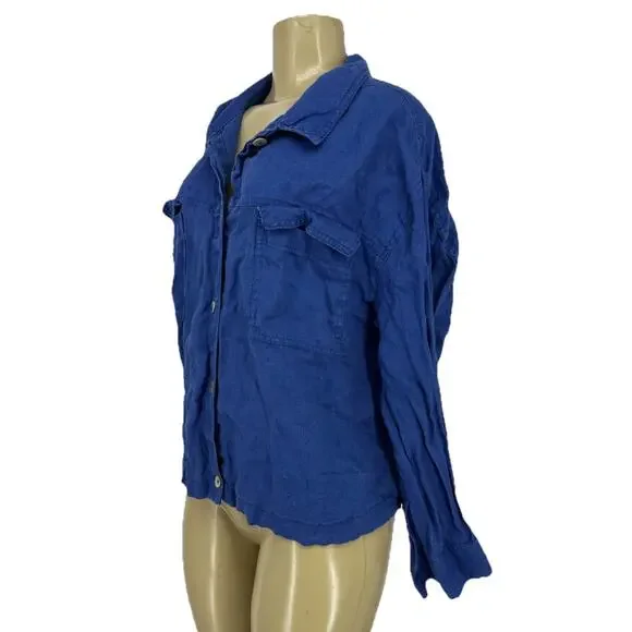 Rachel Zoe XL Women Button Up Shirt Blue 100% Linen Long Sleeve E0 - Picture 2 of 8